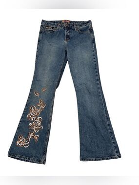 L.E.I. Denim Embroidered Y2K Flare Leg  Low Rise Jeans Boho Hippie Size 11